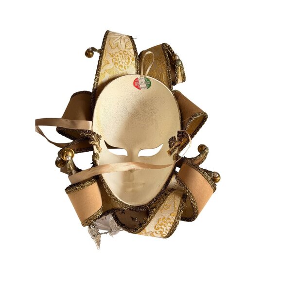 Handcrafted Venetian Jester Masquerade Mask With Gold Glitter Detailing & Ribbon - Picture 10 of 12